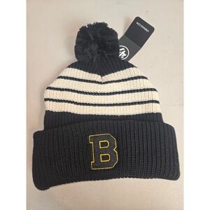 47 Brand Boston Bruins Old Time Hockey Barn Cuff Knit Beanie Pom Hat Black Cream